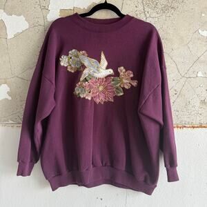 Vtg 90s Sweatshirt Dove Floral Painted Purple Pullover Womens 2X USA Made Tultex